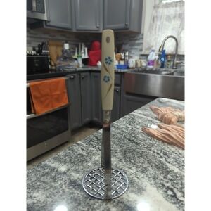 Vintage Household Stainless Potato Masher Beige Blue Flowers Handle 10" MCM